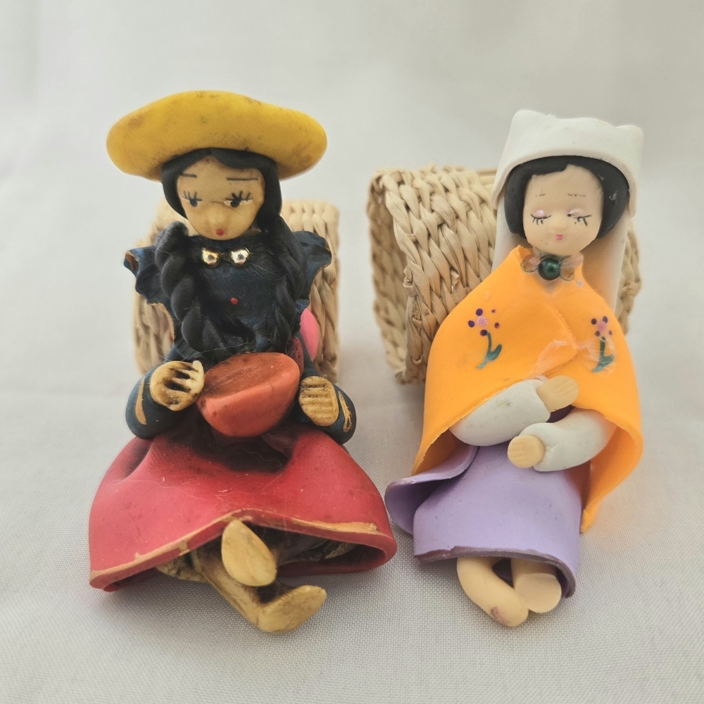 Set of 2 Vintage Polymer Clay Ladies on Wicker Napkin Rings Folk Art Ecuador